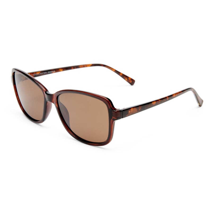Sunglasses with tortoiseshell frame and brown lenses on a white background