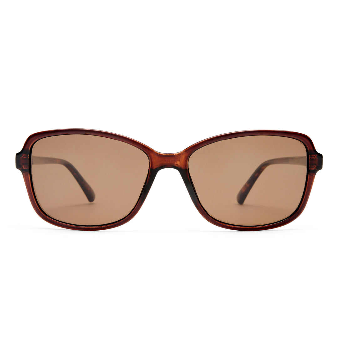 Brown sunglasses with a tortoiseshell frame on a white background