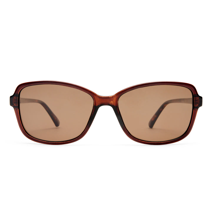 Brown sunglasses with a tortoiseshell frame on a white background