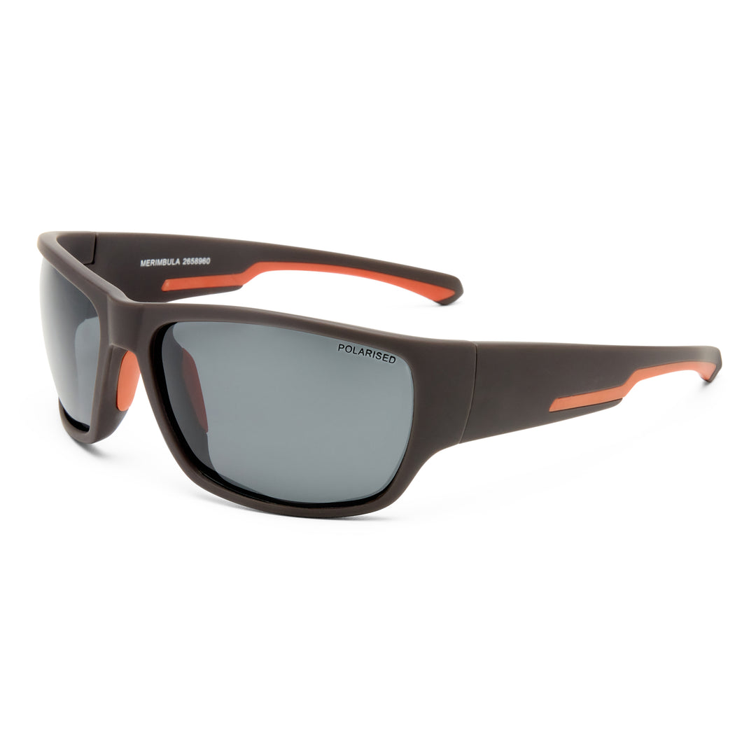 Sport sunglasses with a matte dark brown frame, orange accent details on the temples, and gray polarized lenses.