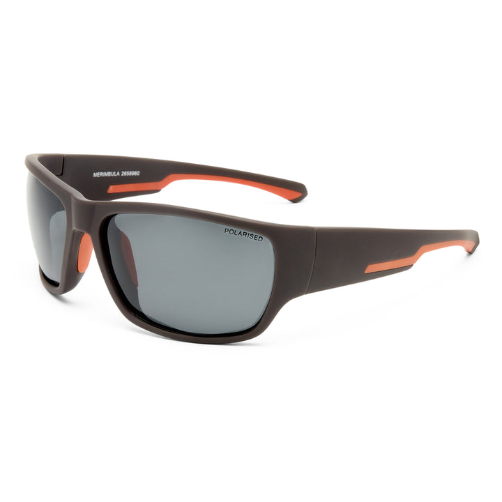 Sport sunglasses with a matte dark brown frame, orange accent details on the temples, and gray polarized lenses.