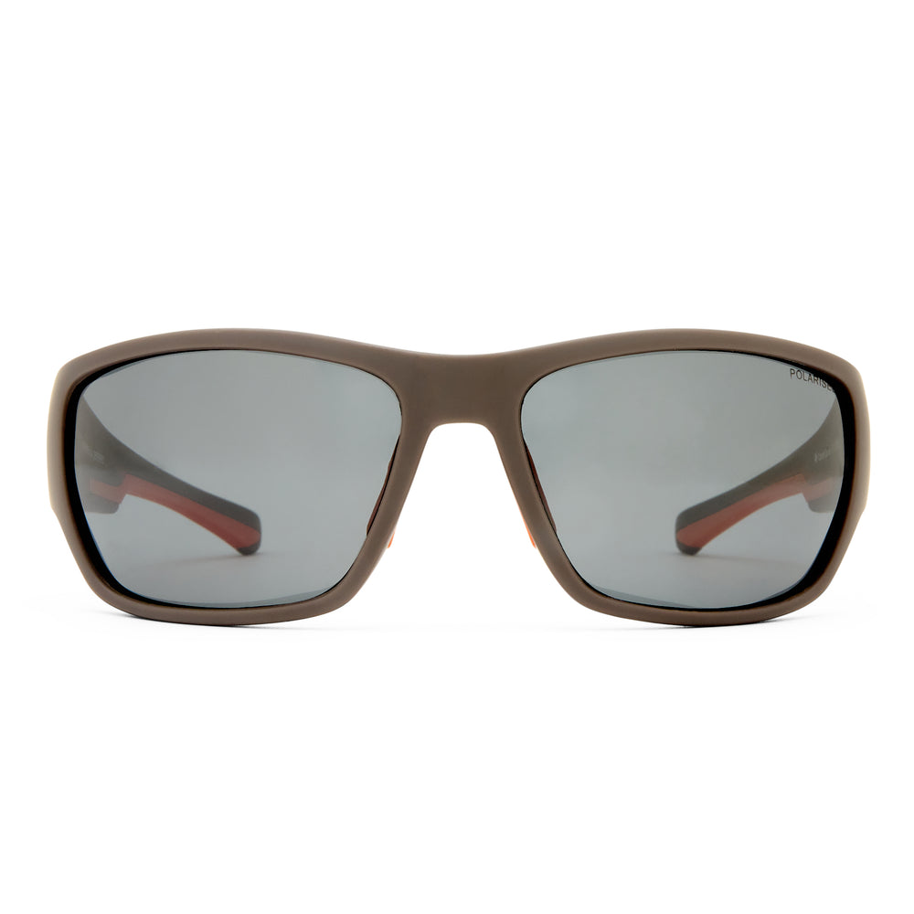 A pair of sporty sunglasses with a matte brown frame and dark gray lenses, shown from the front on a solid white background.