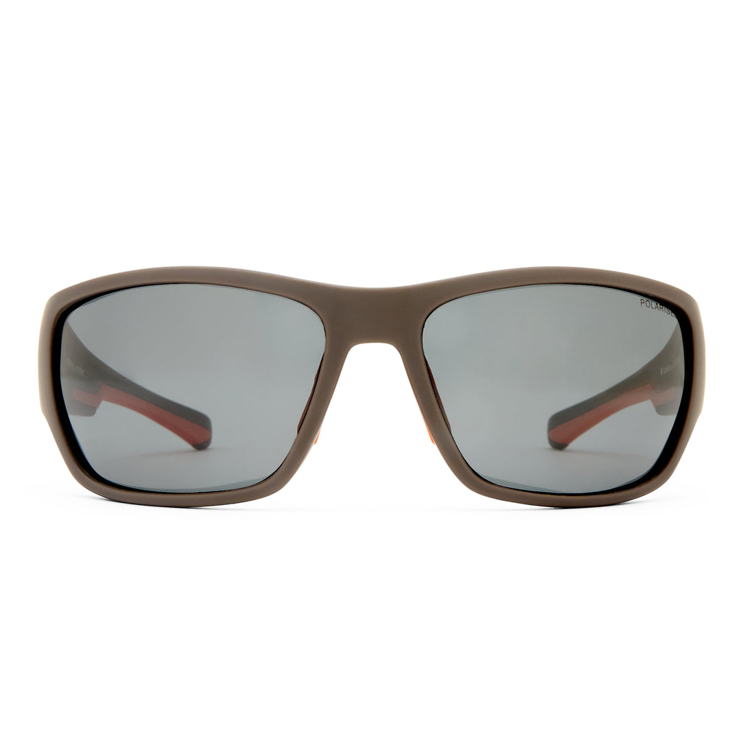 A pair of sporty sunglasses with a matte brown frame and dark gray lenses, shown from the front on a solid white background.