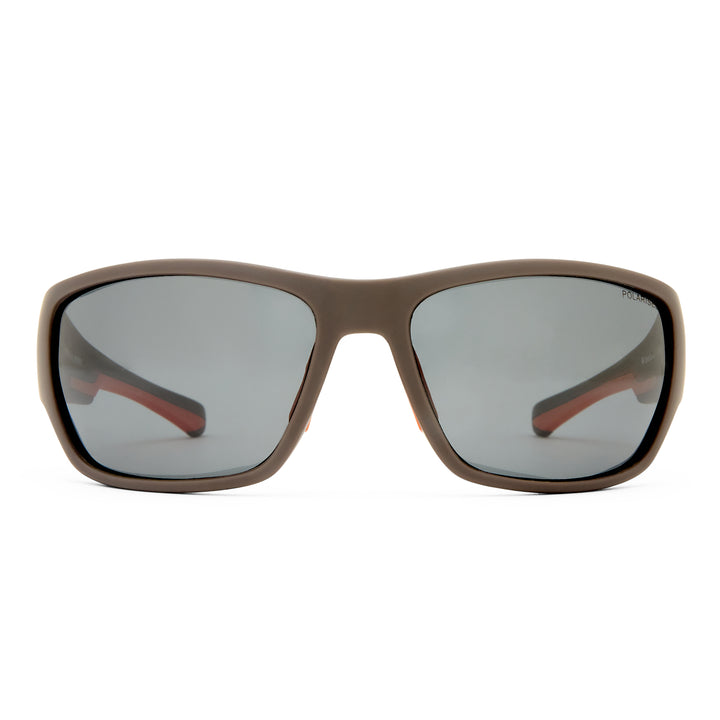 A pair of sporty sunglasses with a matte brown frame and dark gray lenses, shown from the front on a solid white background.