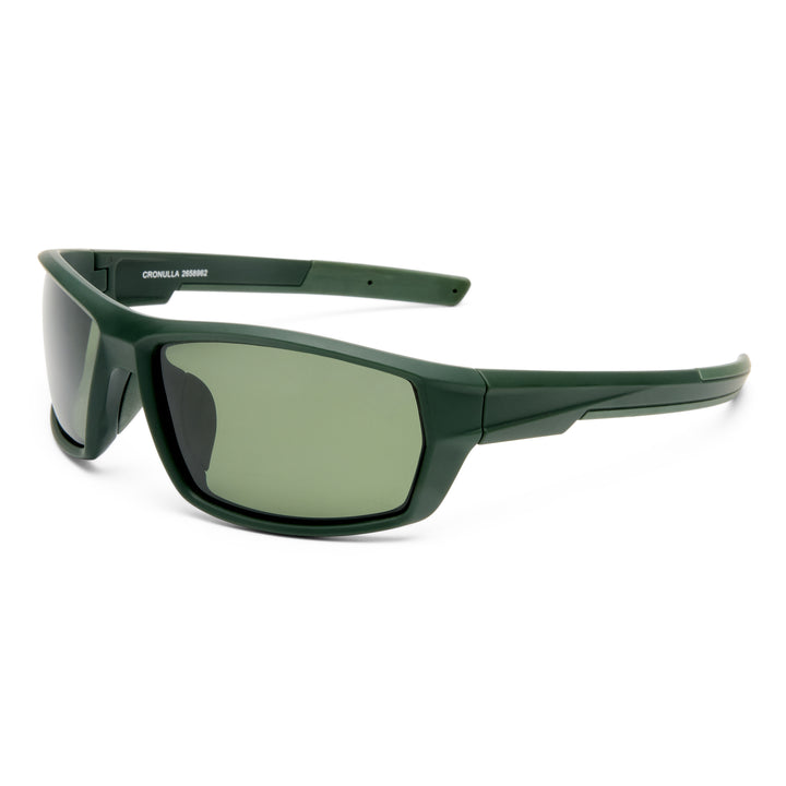 Green sunglasses with dark lenses on a white background