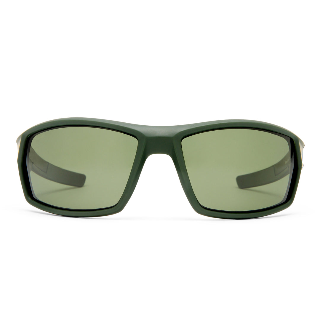 Green sunglasses with dark lenses on a white background