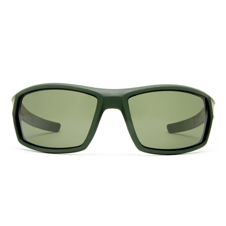 Green sunglasses with dark lenses on a white background