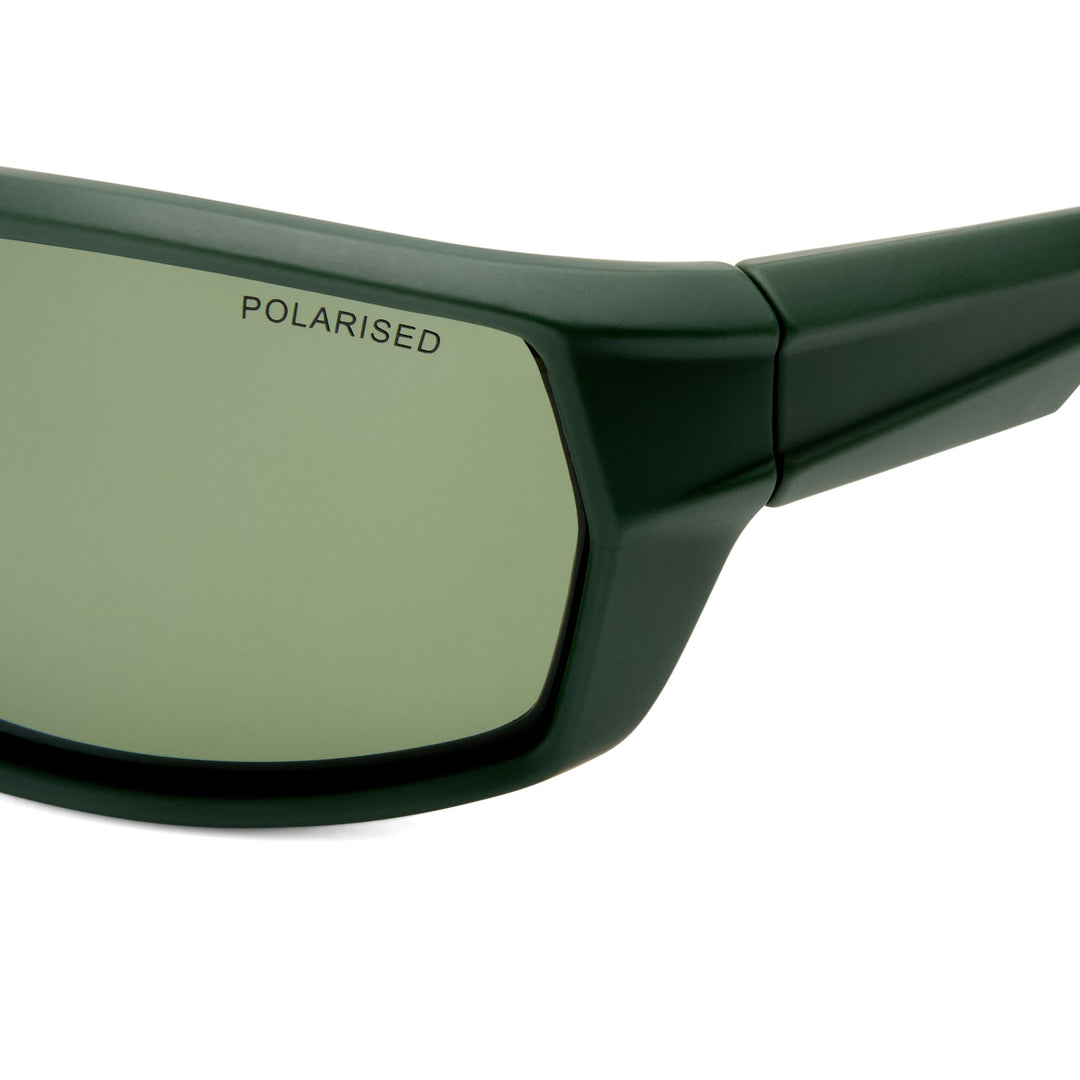 Green sunglasses with 'Polarised' label on a white background