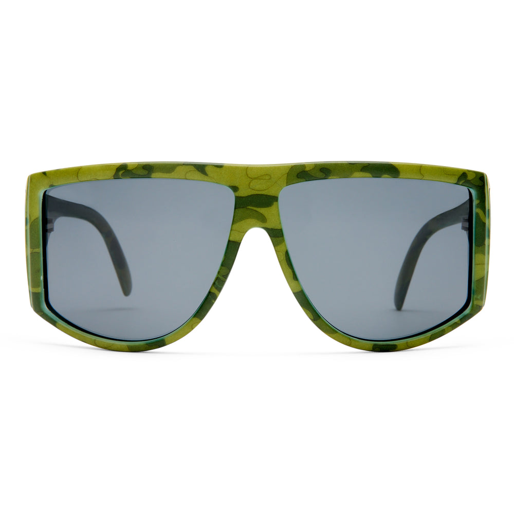 Sunglasses with green frame and reflective lenses on a white background