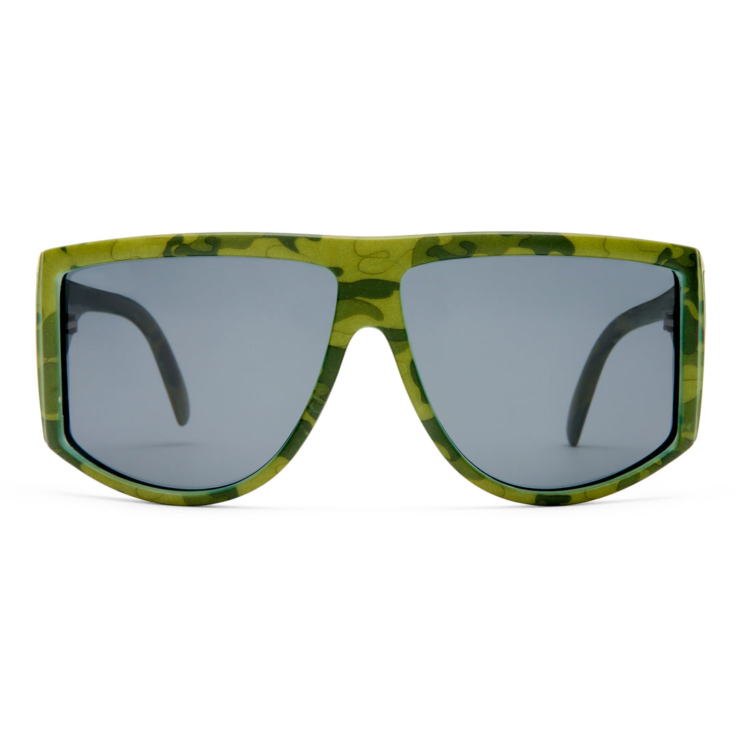 Sunglasses with green frame and reflective lenses on a white background