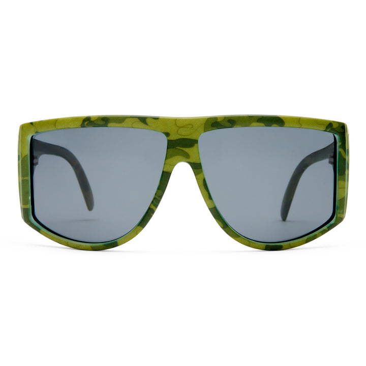 Sunglasses with green frame and reflective lenses on a white background