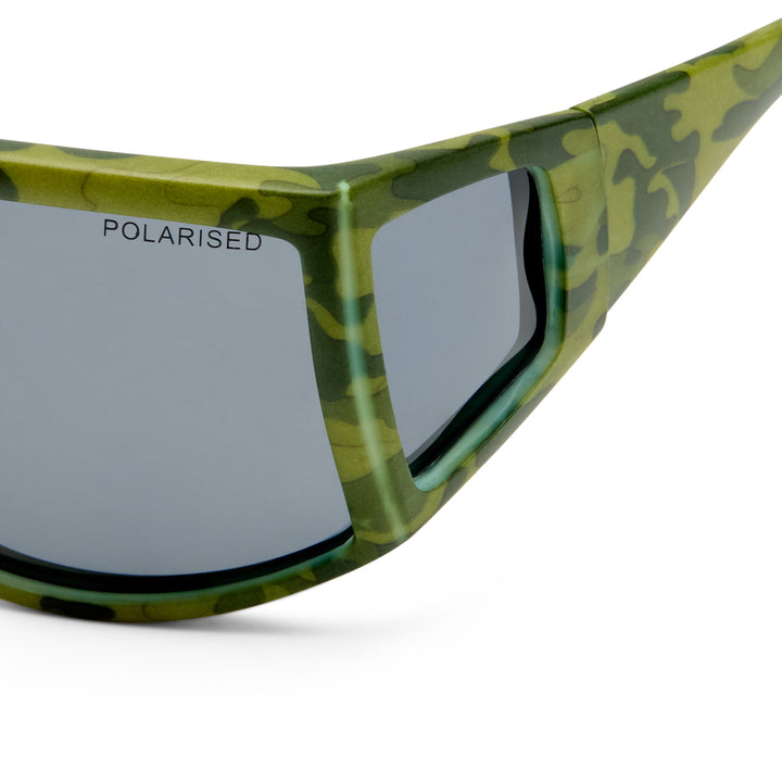 Green camouflage sunglasses with 'Polarised' label on a white background