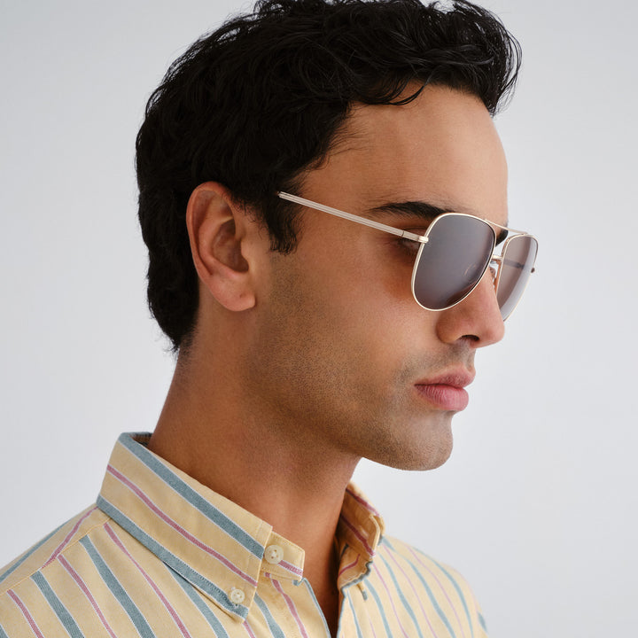 Man wearing sunglasses with a neutral background