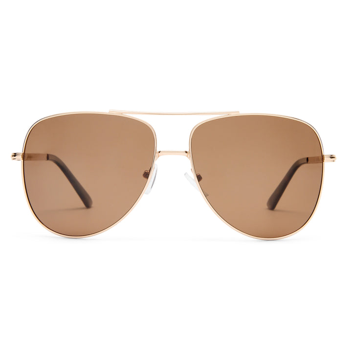 Aviator sunglasses with gold frame and brown lenses on a white background