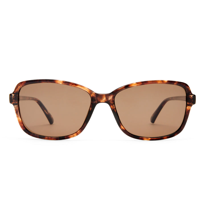 Sunglasses with tortoiseshell frame and brown lenses on a white background