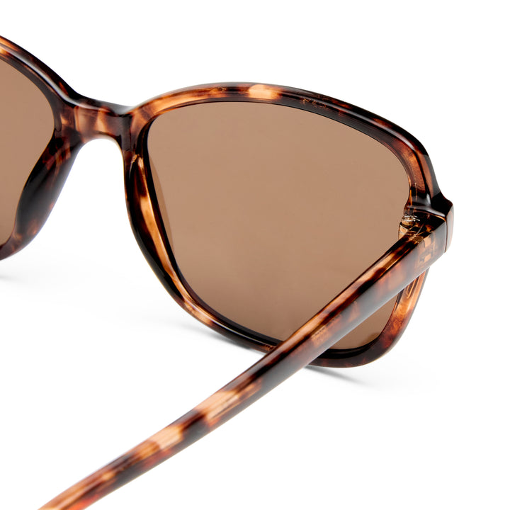 Close up of sunglasses with tortoiseshell frame and brown lenses on a white background