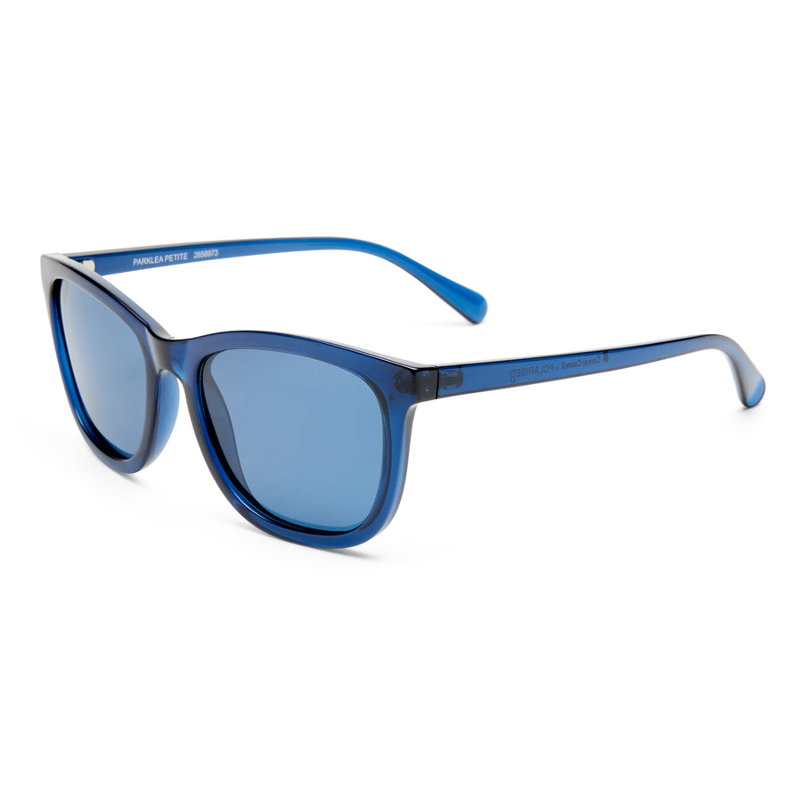 Blue sunglasses with a white background