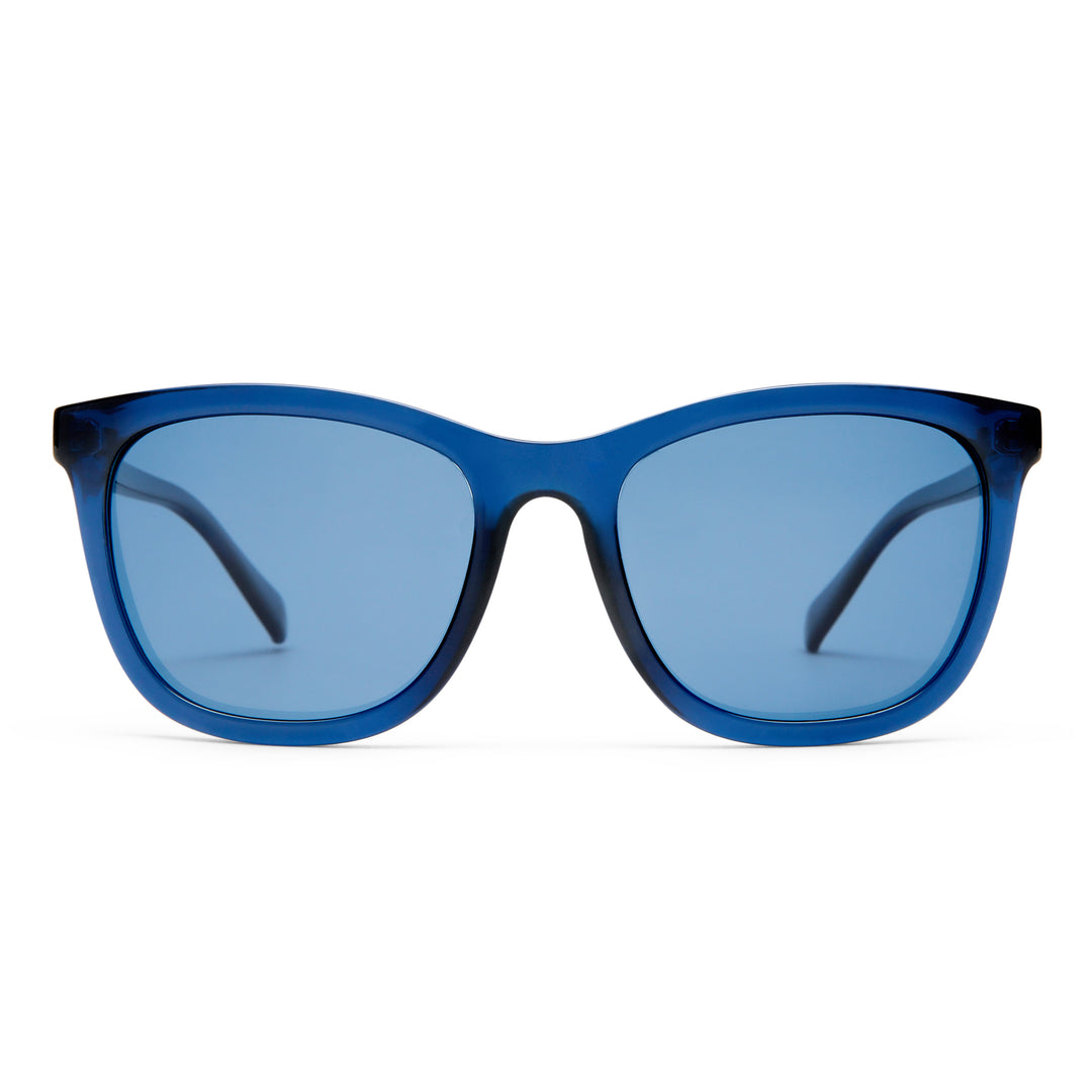 Blue sunglasses with a white background