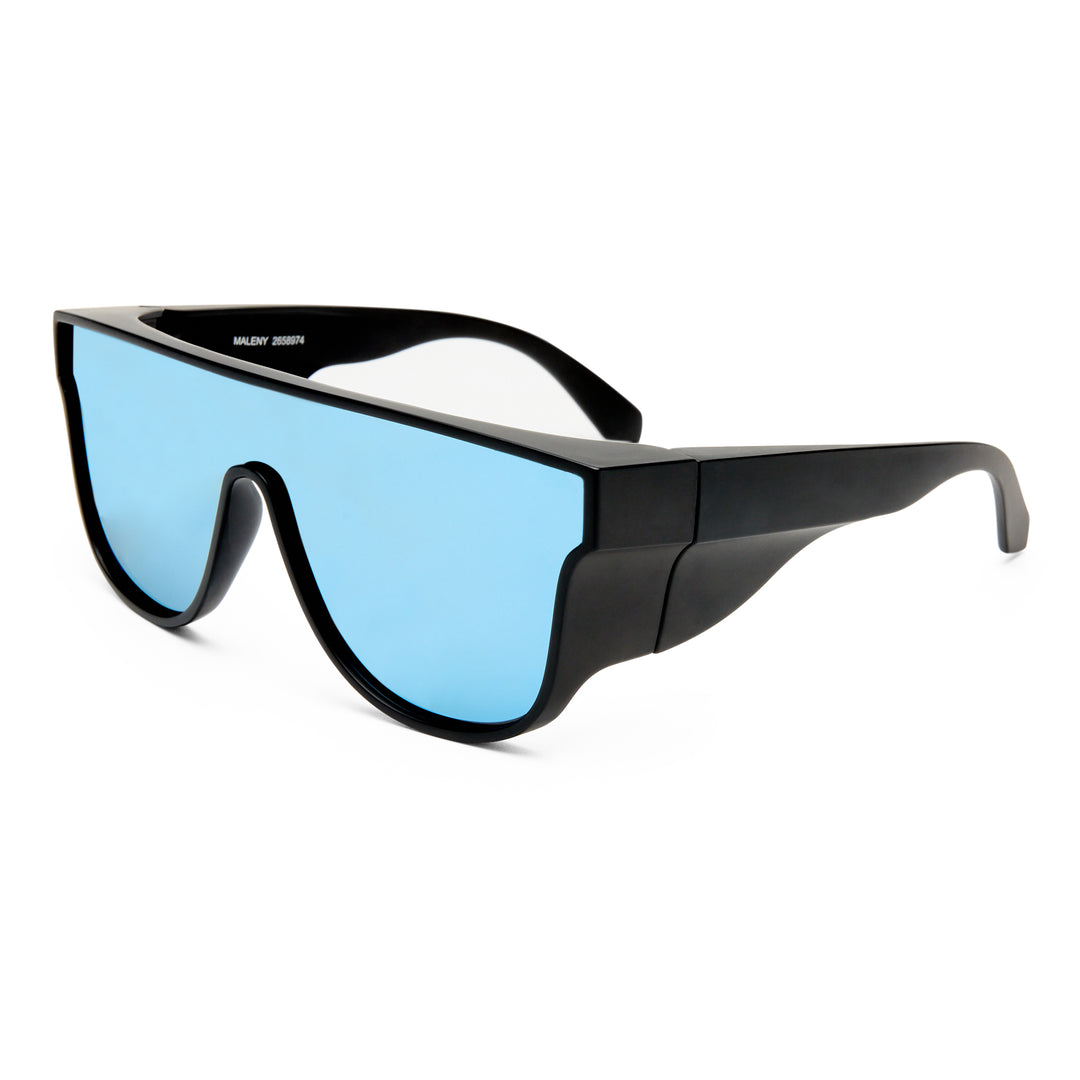 Sunglasses with black frame and blue lenses on a white background
