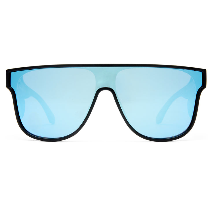 Sunglasses with blue lenses and black frames on a white background