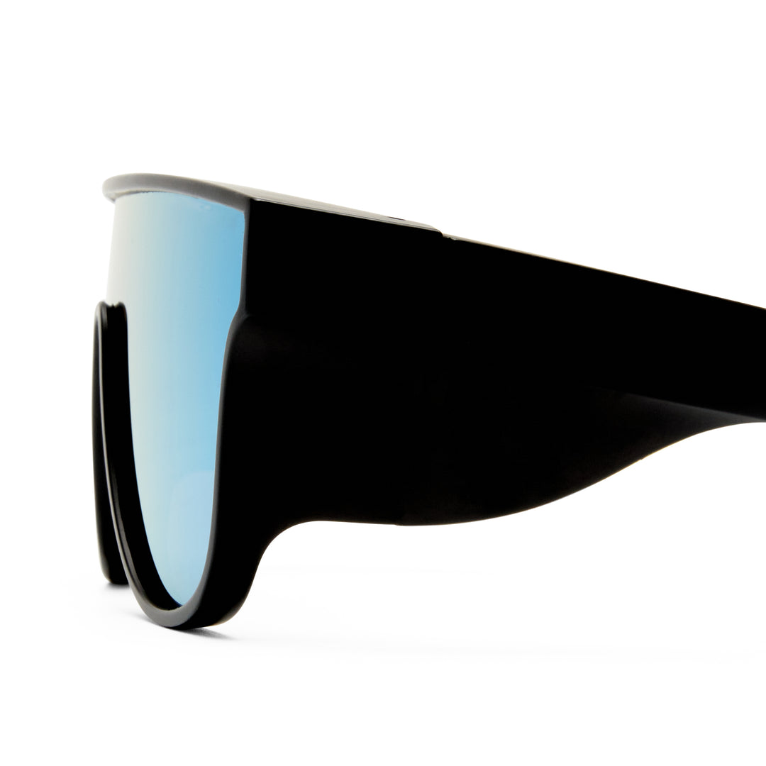 Black sunglasses with blue-tinted lenses on a white background