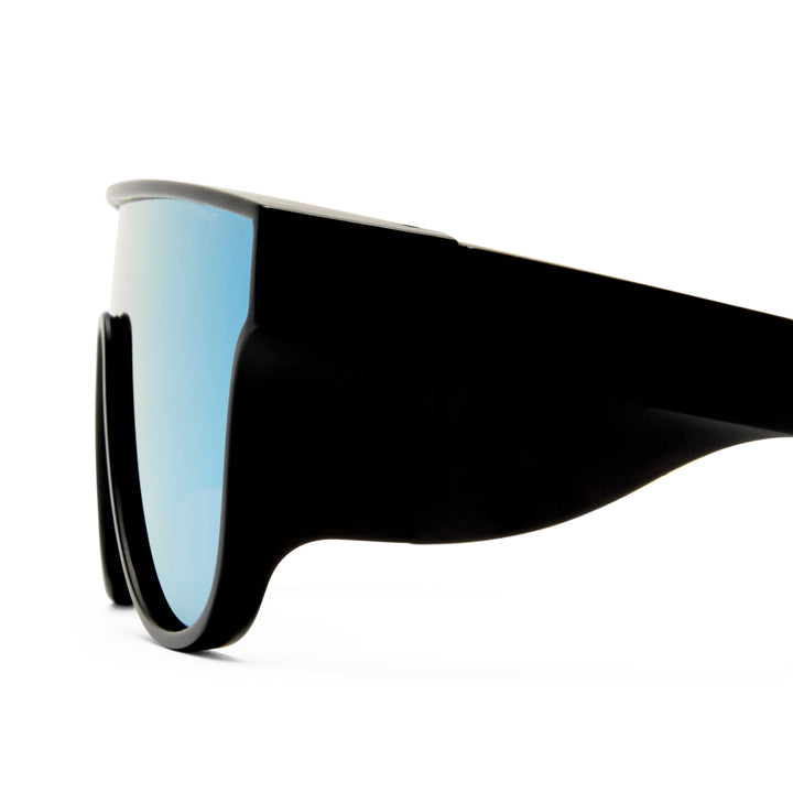 Black sunglasses with blue-tinted lenses on a white background