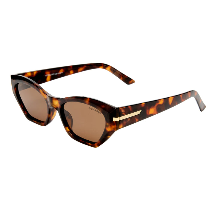 Peregian sunglasses in amber tort, angled view highlighting frame structure and gold feature on temples