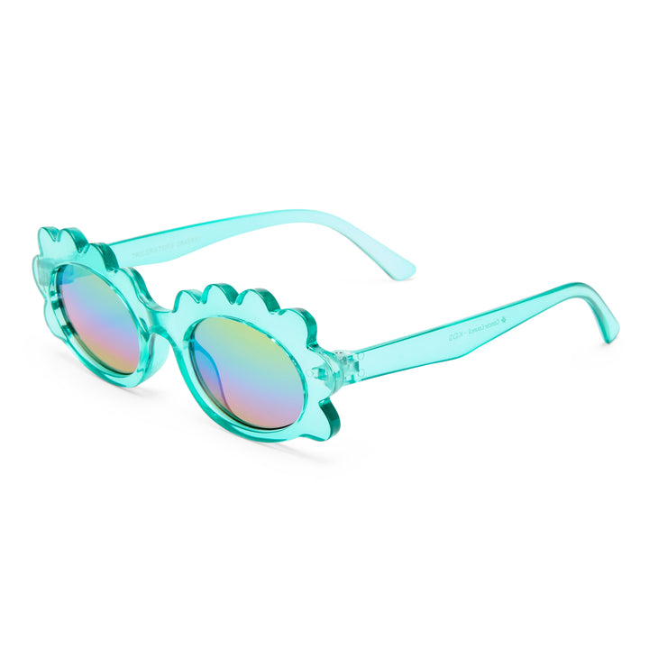 Three‑quarter angle of Triceratops kids sunglasses in Mint with playful dino frill