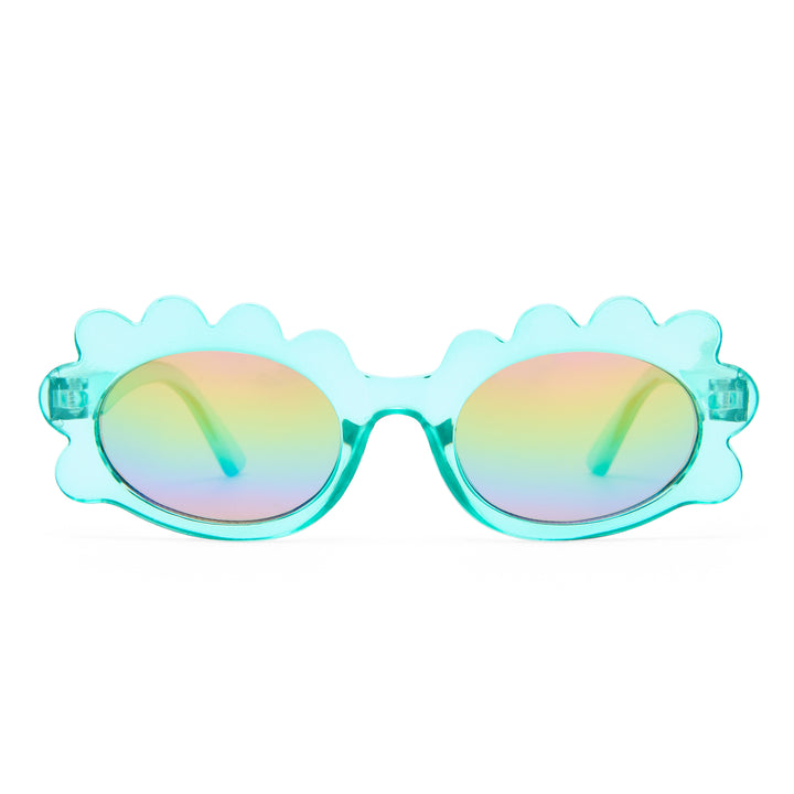 Triceratops kids sunglasses in Mint shown front‑on with novelty dinosaur‑themed frame