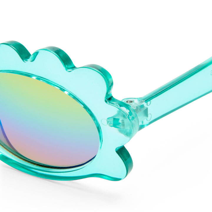 Triceratops kids sunglasses temple detail showing Mint dinosaur frill