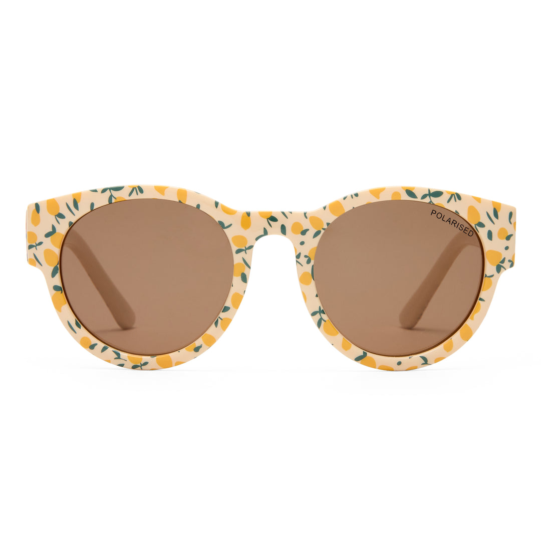 Magpie kids sunglasses in Lemon Print shown front‑on with rounded playful frame