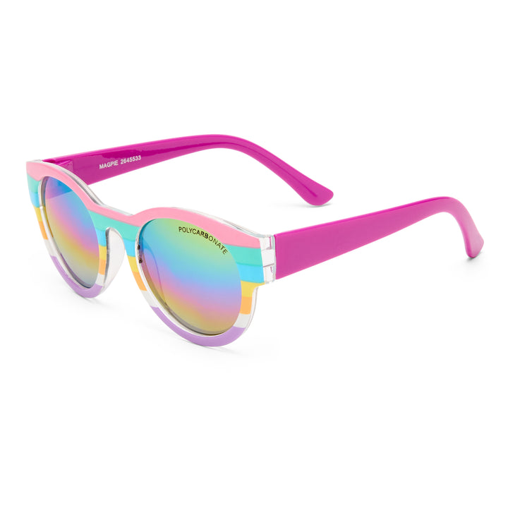 Three‑quarter angle of Magpie kids sunglasses in Lolly Stripes/Fuchsia rainbow design