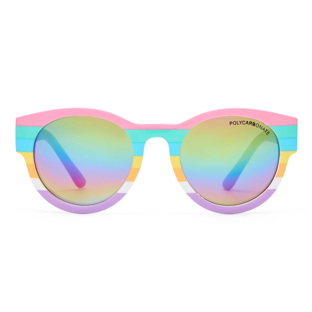 Magpie kids sunglasses in Lolly Stripes/Fuchsia shown front‑on with rounded rainbow frame