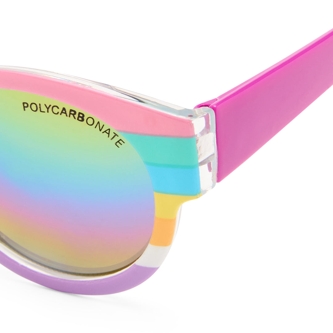 Magpie kids sunglasses temple detail showing Lolly Stripes rainbow pattern with Fuchsia accents