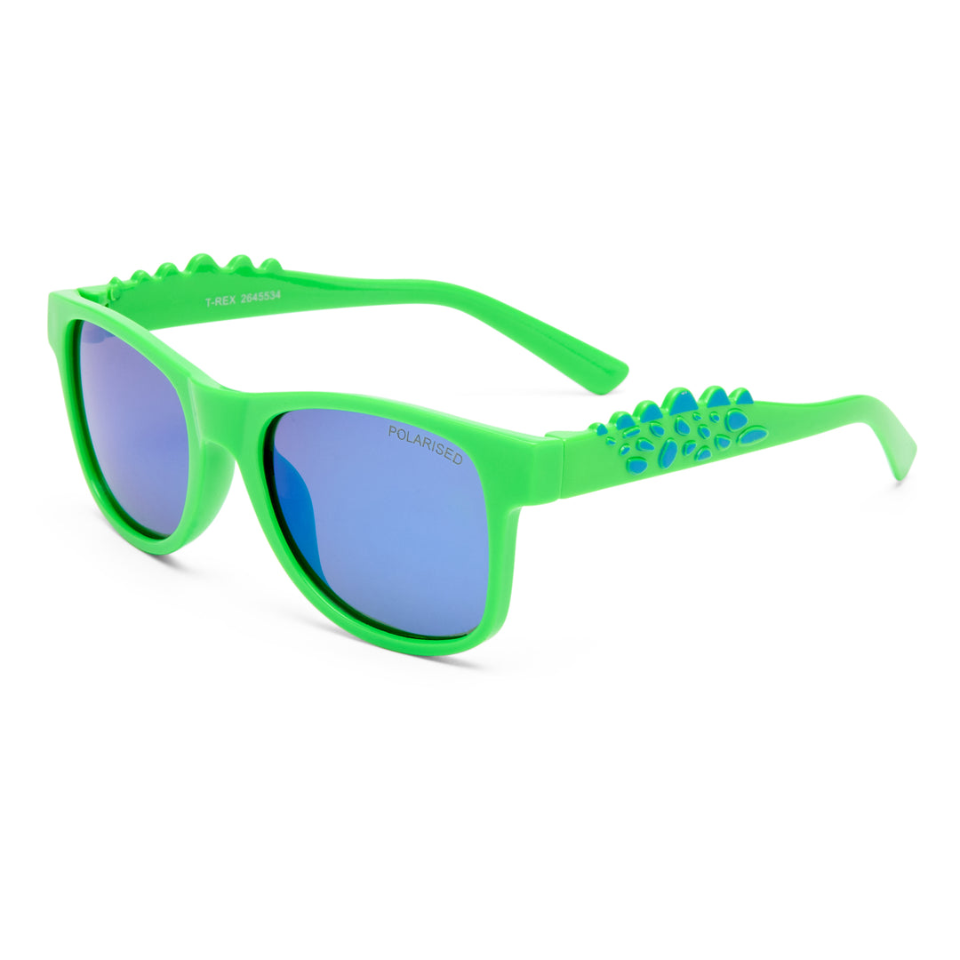 T-Rex kids sunglasses in neon green and blue, angled view highlighting fun frame design and temples