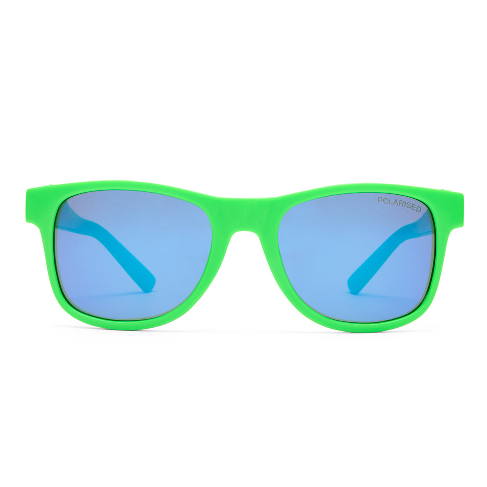 T-Rex kids sunglasses in neon green and blue, front view showing playful frame shape and tinted lenses
