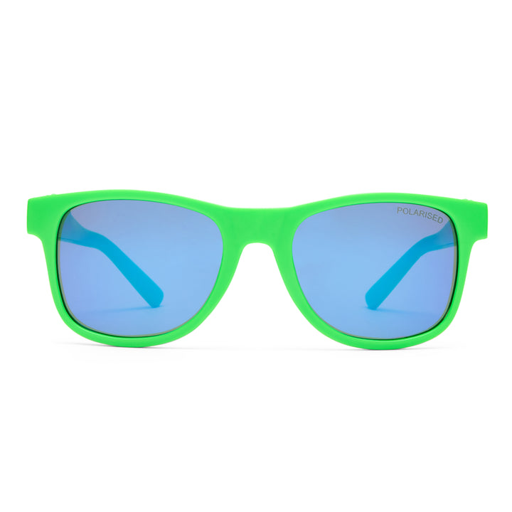 T-Rex kids sunglasses in neon green and blue, front view showing playful frame shape and tinted lenses