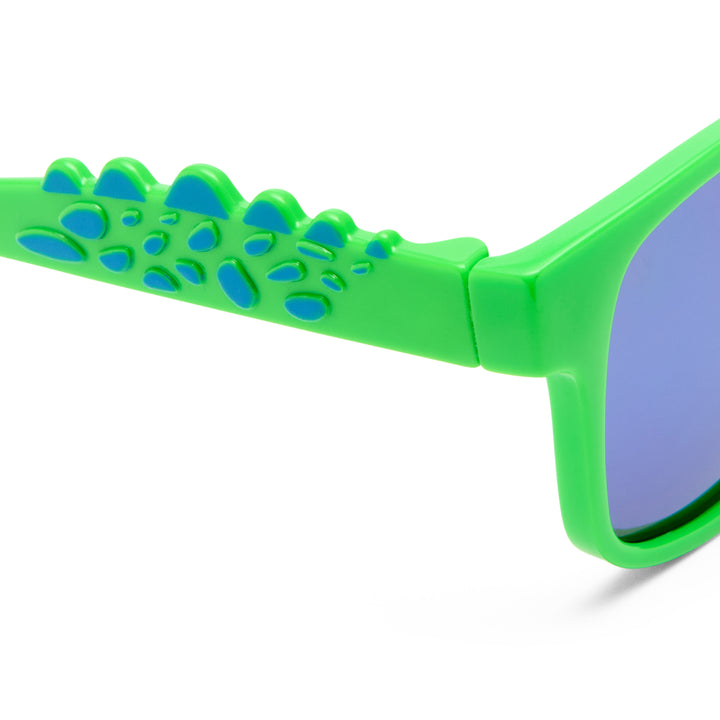 T-Rex kids sunglasses in neon green and blue, close-up detail of frame and temple showing colourful finish