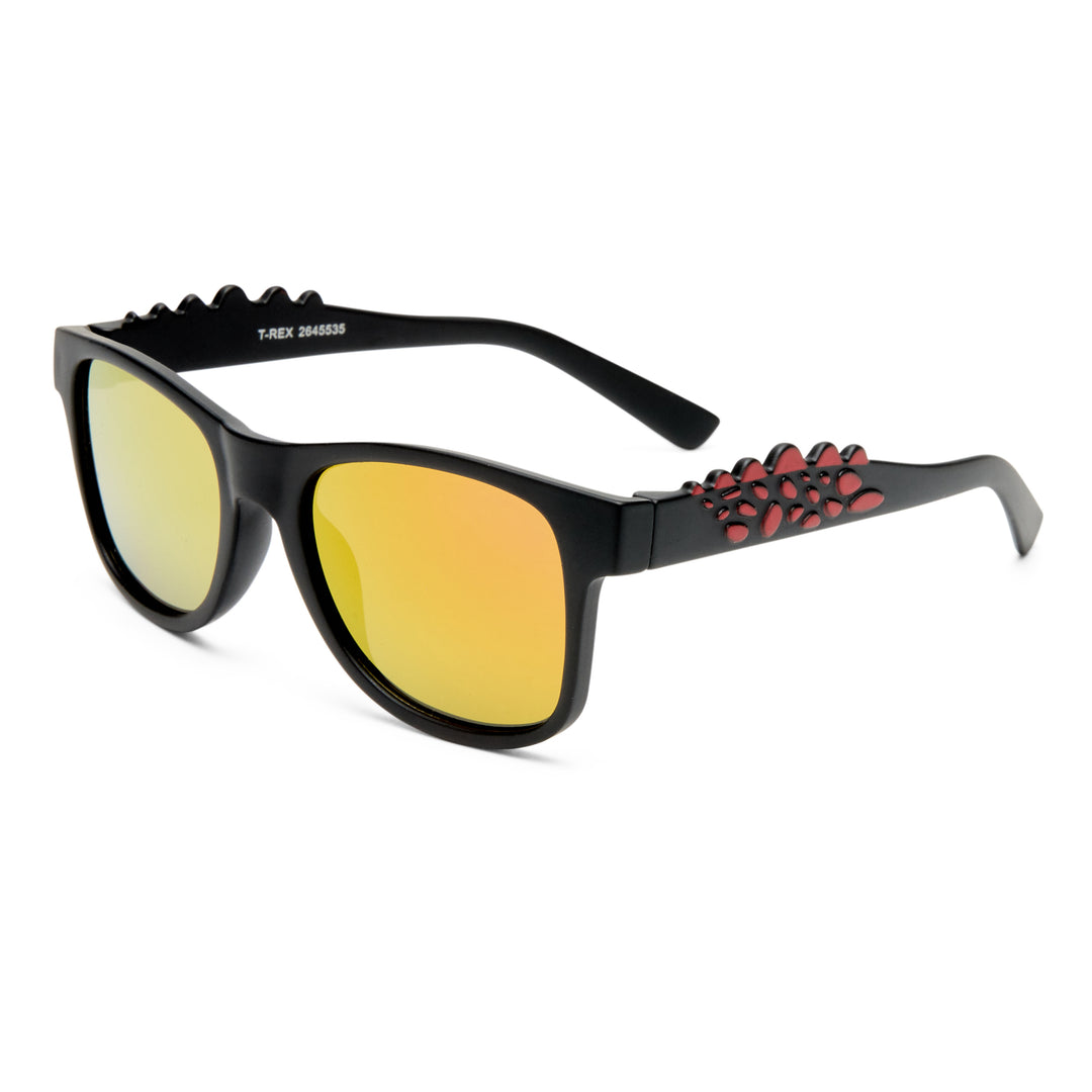 Three‑quarter angle of T‑Rex kids sunglasses in Matte Black with red dinosaur side detail