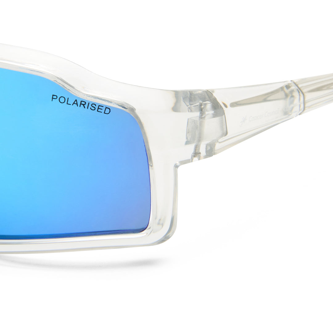 Numbat sunglasses in clear, close-up detail of frame and temple showing transparent finish and construction details