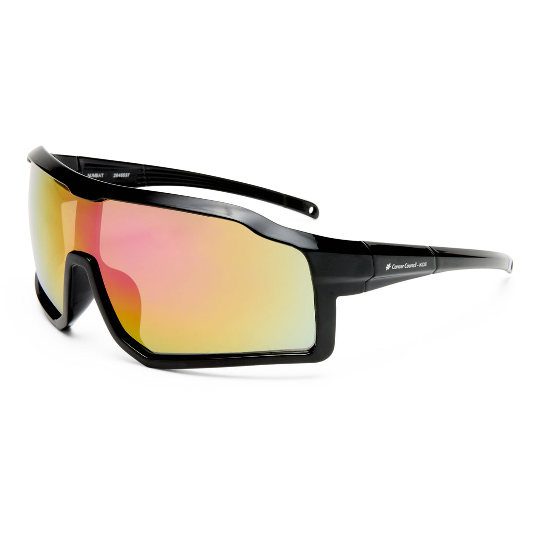 Three‑quarter angle of Numbat kids sunglasses in Black sporty shield design