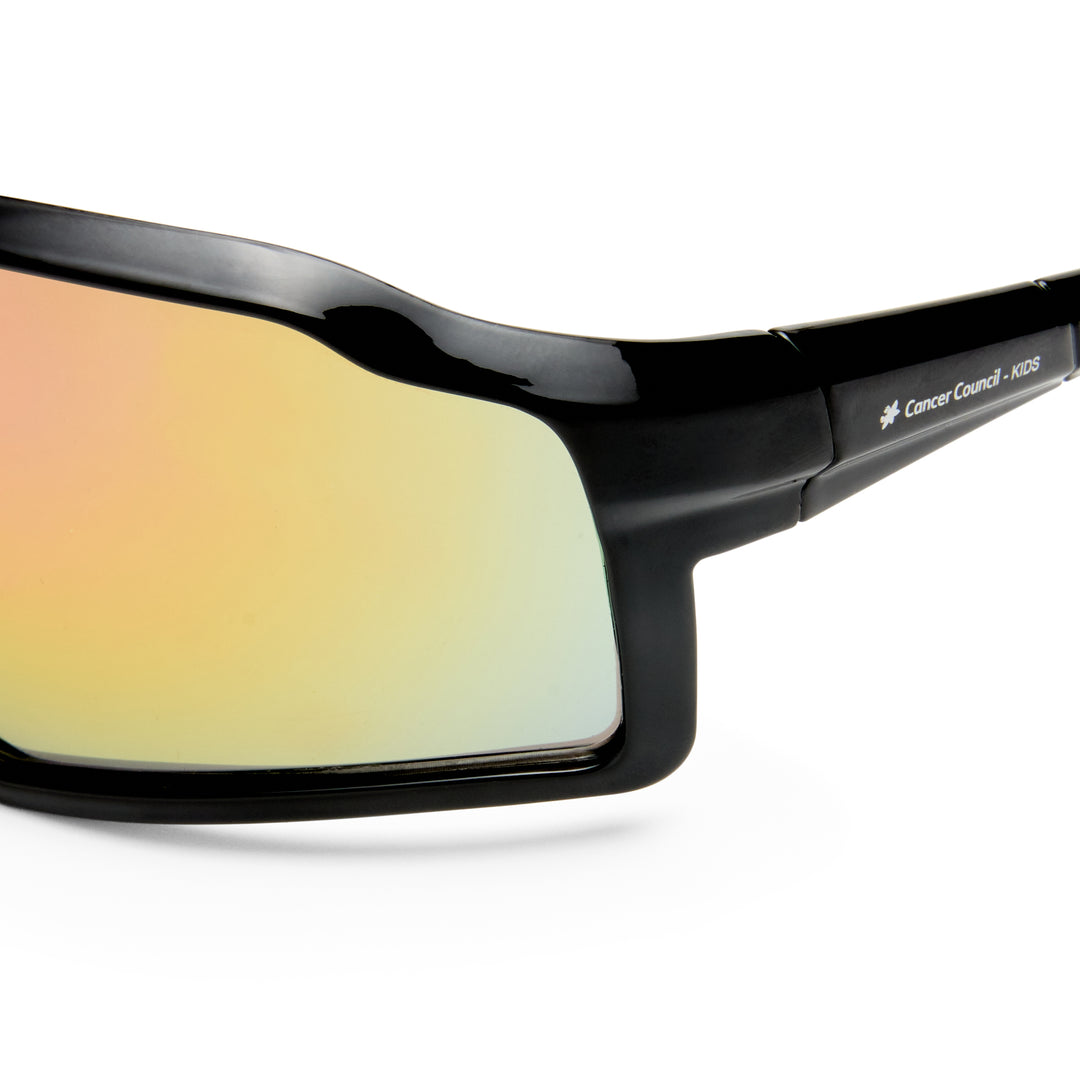 Numbat kids sunglasses temple detail showing Black shield‑style arms and wraparound fit