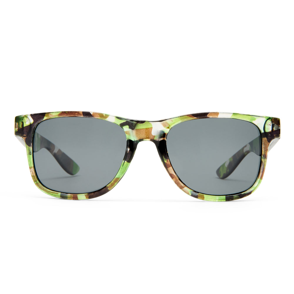 Sunglasses with a colorful frame on a white background