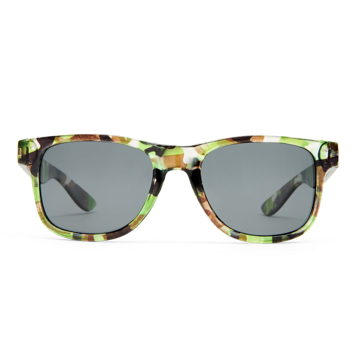 Sunglasses with a colorful frame on a white background