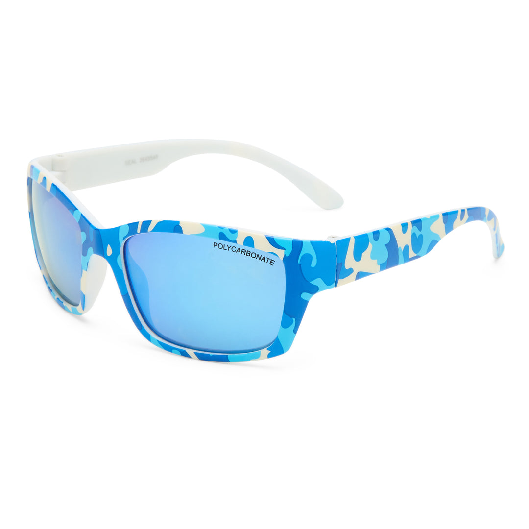Sunglasses with blue camouflage frame and lenses on a white background