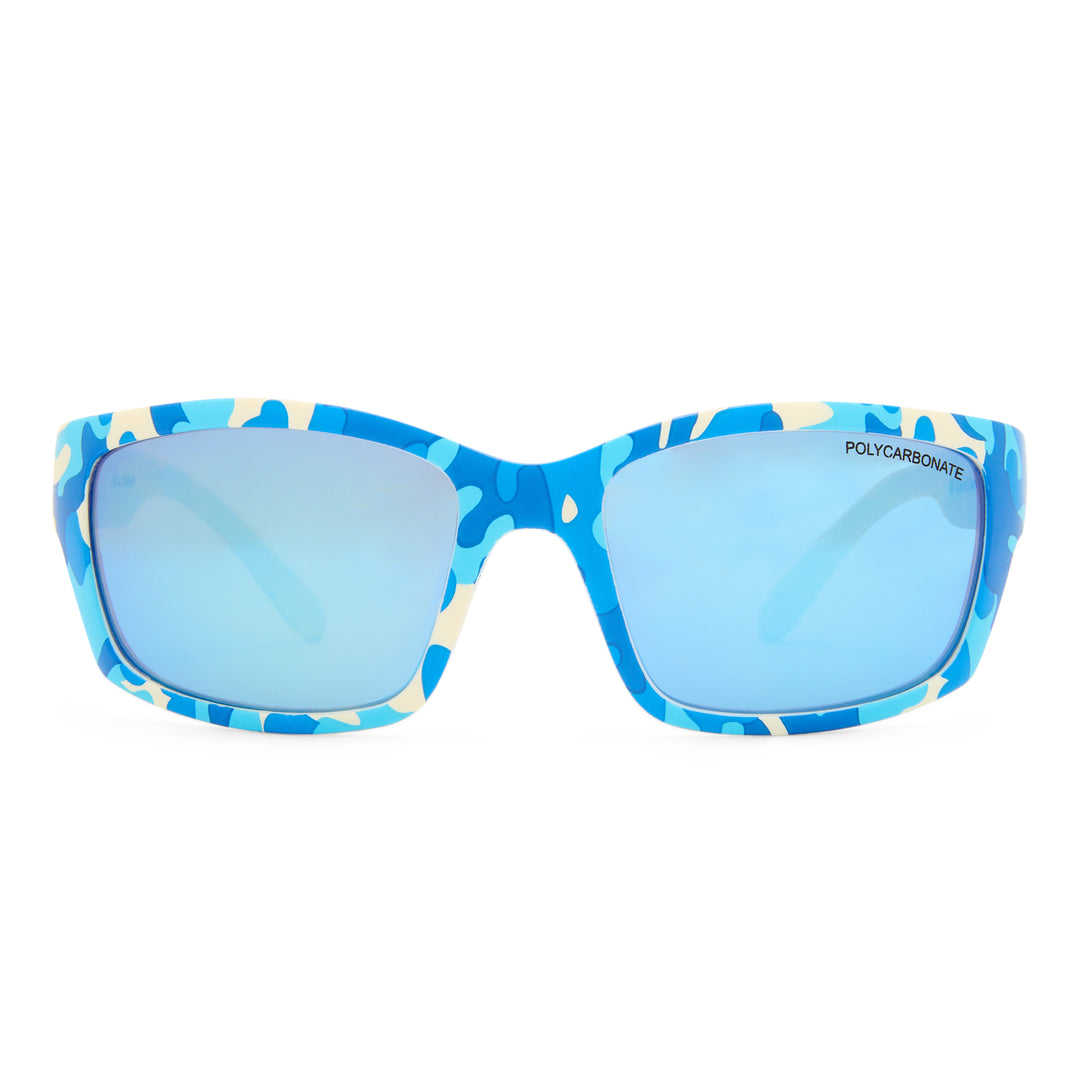 Blue sunglasses with a patterned frame on a white background