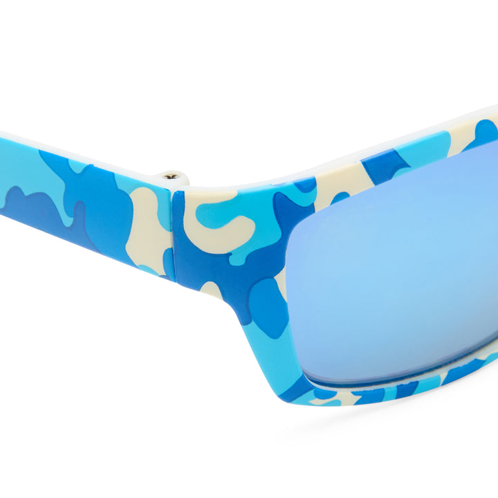 Sunglasses with blue camouflage frame and light blue lens on a white background