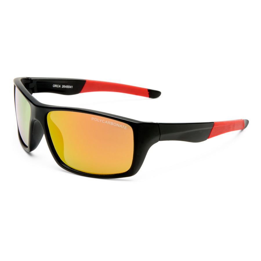 Sport sunglasses with a black frame, red temple tips, and mirrored orange-yellow lenses, shown on a white background.