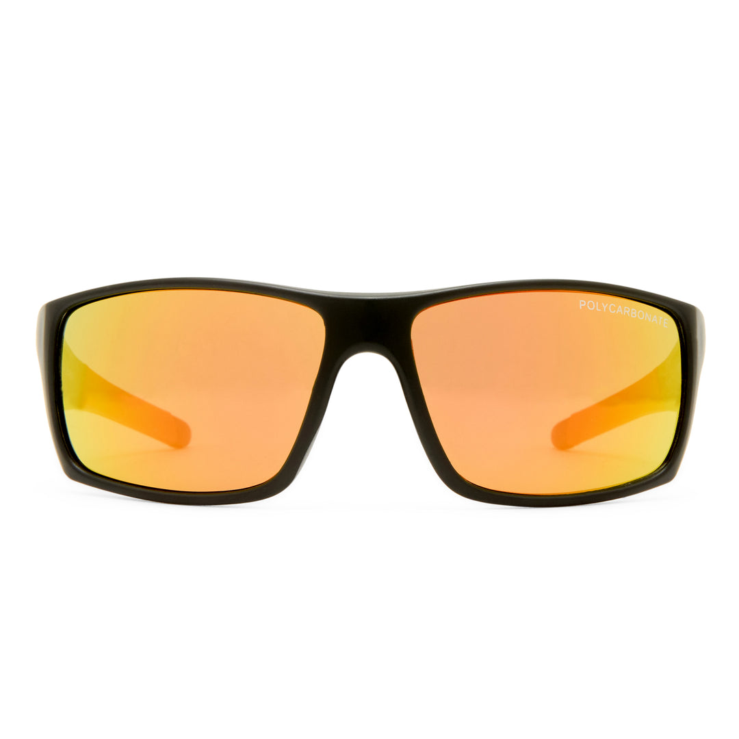 Sport sunglasses with a black wrap-around frame and mirrored orange lenses, shown against a plain white background.