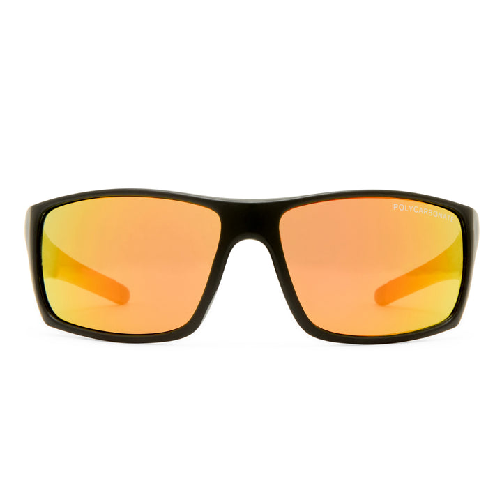 Sport sunglasses with a black wrap-around frame and mirrored orange lenses, shown against a plain white background.